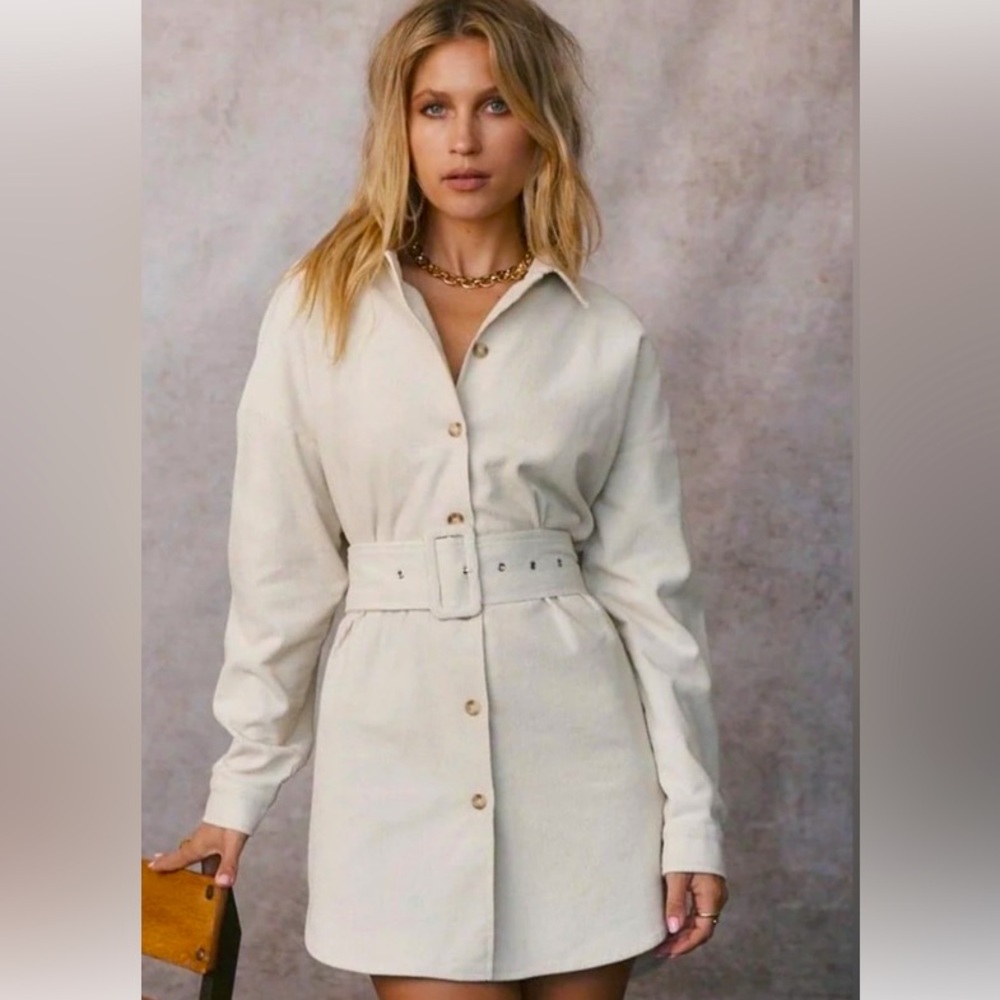 Beige Corduroy Shacket Dress w/ belt